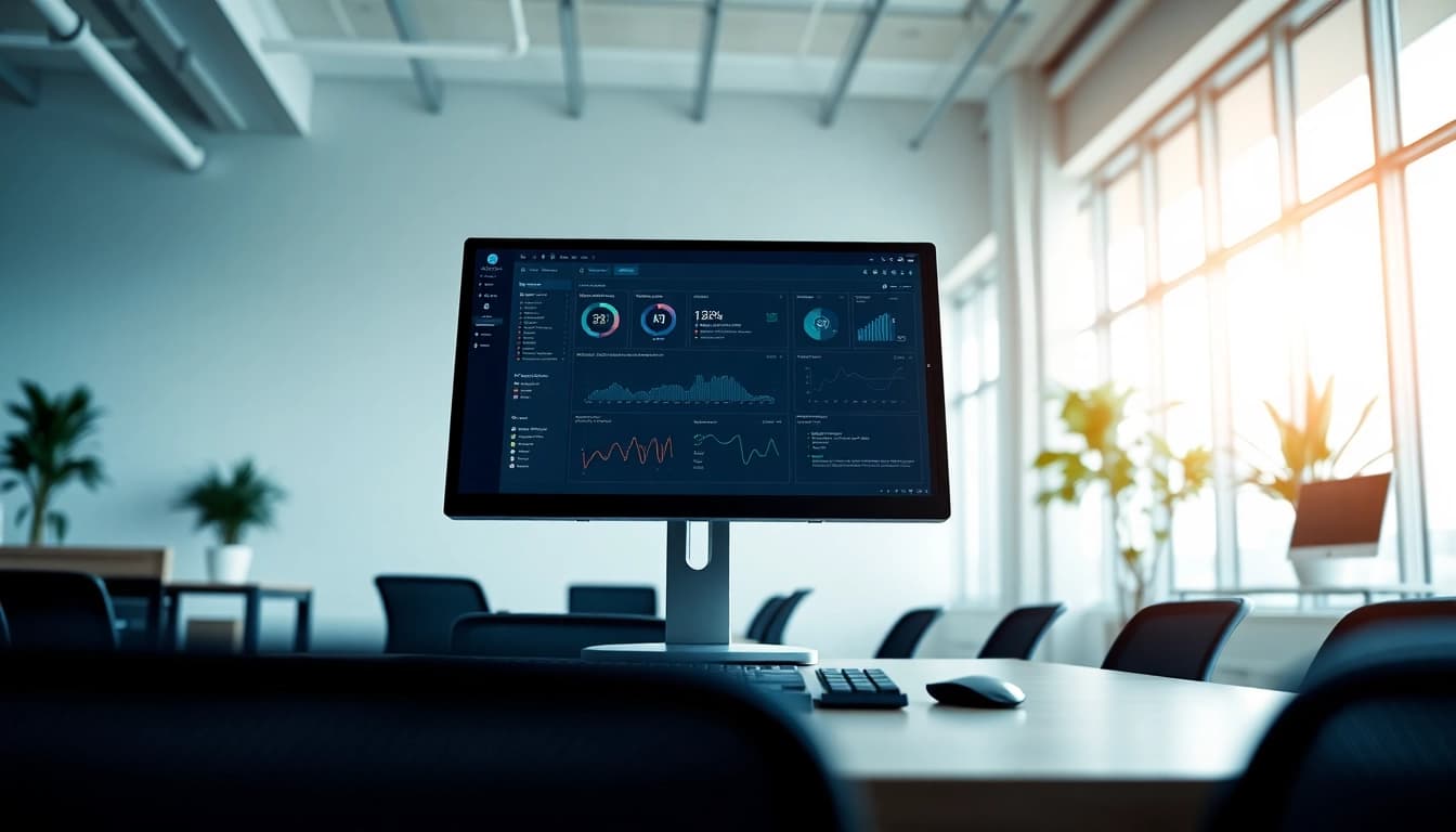 Showcasing AI Software analytics on a sleek desktop interface set in a modern office.