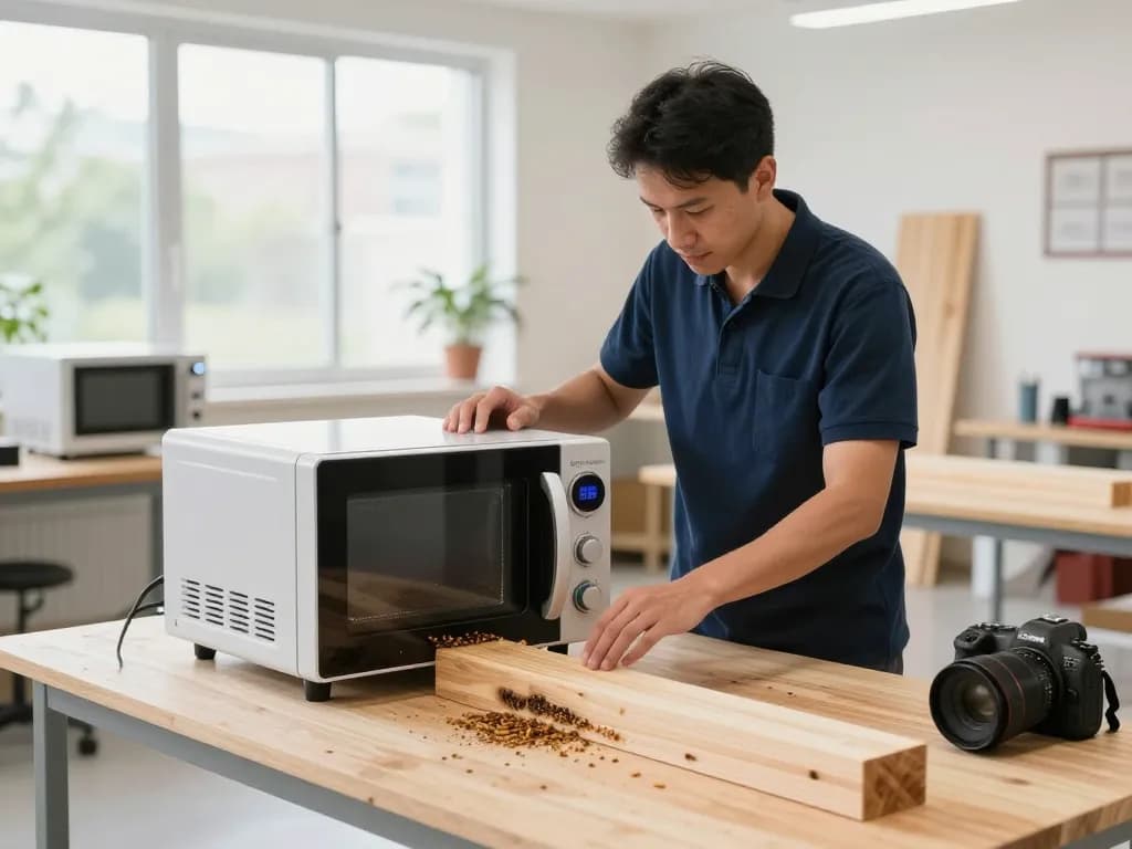 Trattamento dei tarli utilizzando trattamento microonde antitarlo in un innovativo laboratorio di controllo dei parassiti con un tecnico che dimostra il processo.