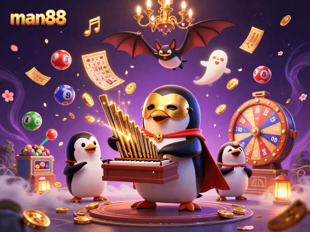 Experience man88's thrilling gameplay with a penguin playing organ and dynamic cash elements