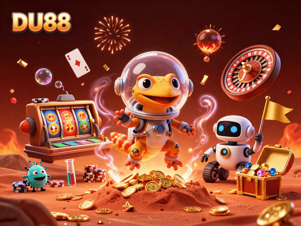 Uncover DU88's gaming treasures in this vibrant Martian casino adventure illustration.