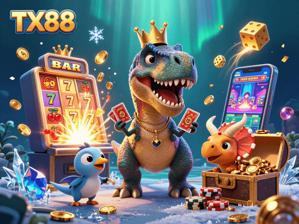 TX88 reveals a playful casino scene with a T-Rex shuffling cards, radiating excitement and winning potential.