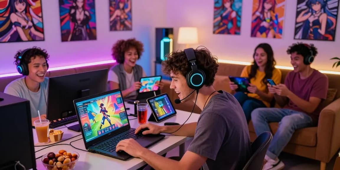 Friends playing free hentai games together in a vibrant gaming room, showcasing interactive and immersive gameplay.