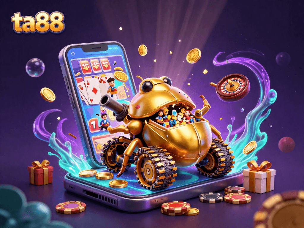 Experience thrilling moments with ta88 at a vibrant mini casino scene inside a golden beetle tank.