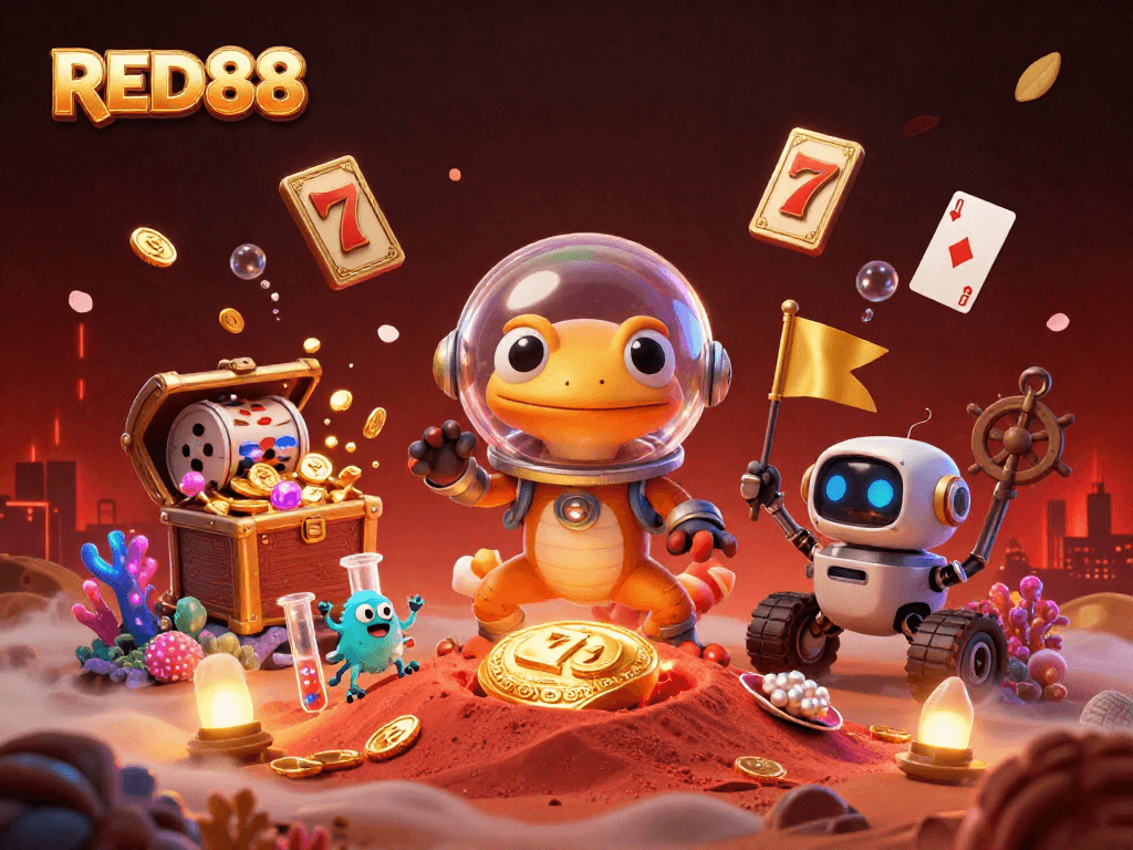 Engage with thrilling RED88 gaming experiences in a vibrant alien casino scene.