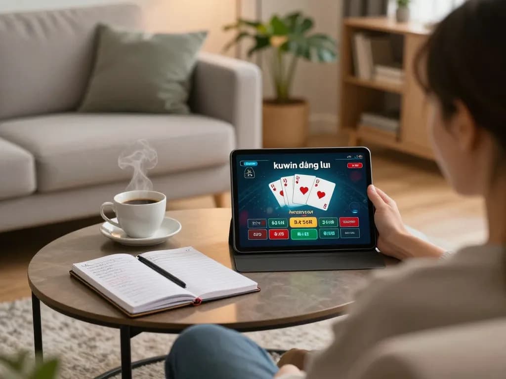 Engaging in kuwin đăng nhập on tablet in a cozy living room, showcasing home gaming atmosphere.