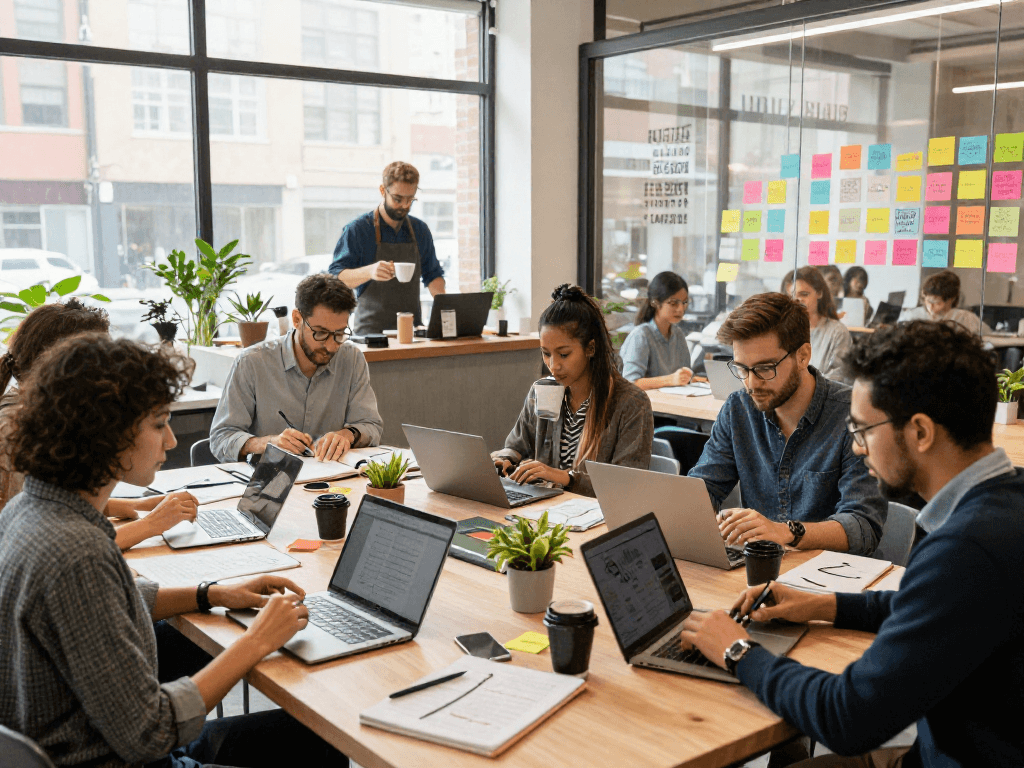 Collaboration in a co-working space depicting hustle culture with diverse entrepreneurs, emphasizing rokok 88 themes.