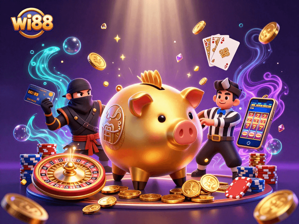 Engage at wi88 with thrilling casino action, featuring a golden piggy bank sumo wrestler amidst dynamic gambling elements.