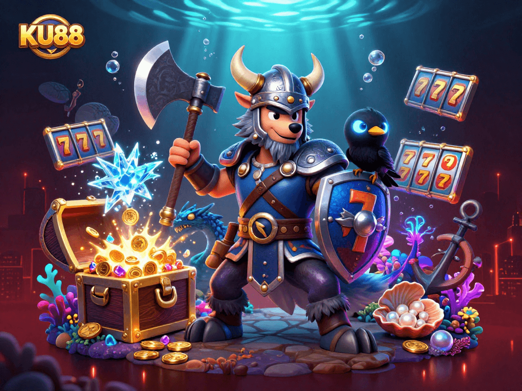 Play slots and win big with KU88 in this vibrant, cartoon-style casino illustration.