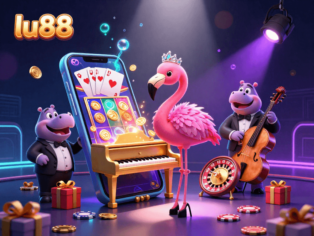lu88 offers vibrant casino adventure with flamingo singer and hippo bassist in a colorful gaming scene.