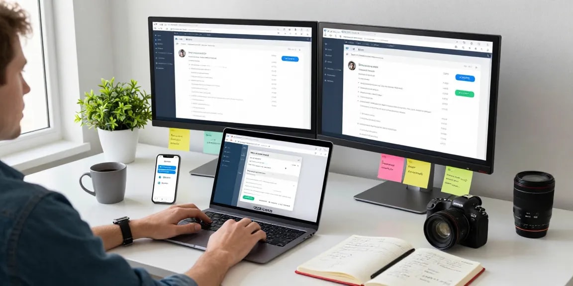 Engaged user accessing Telegram web version on a laptop in a modern office.