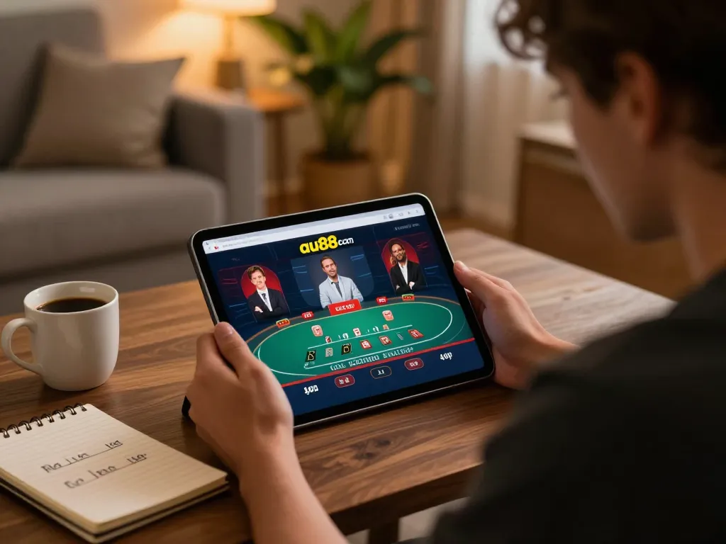 Gambler using au88 com on tablet for live dealer blackjack at home, showcasing cozy setup.