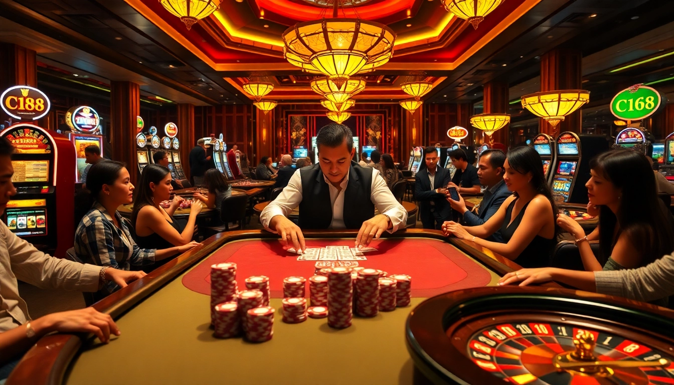 Exciting casino action at C168 poker table with professional dealers and diverse players.