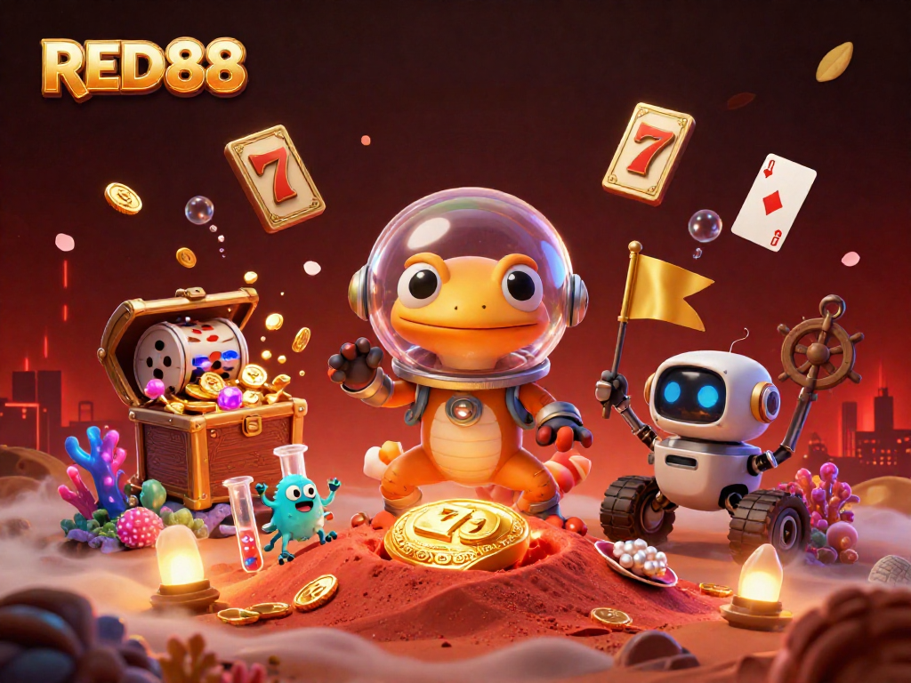 Engage with thrilling RED88 gaming experiences in a vibrant alien casino scene.