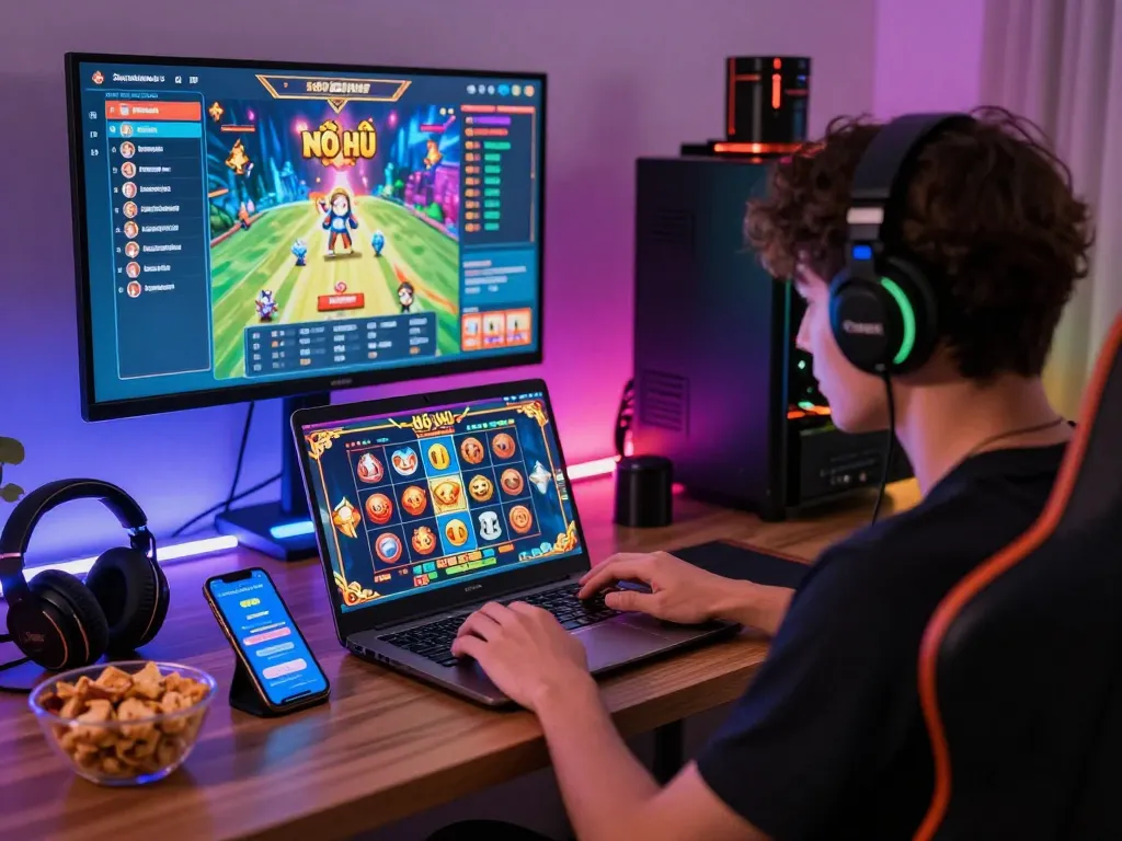 Nổ Hũ Online gaming scene with an engaged player at a colorful laptop displaying thrilling slot games.