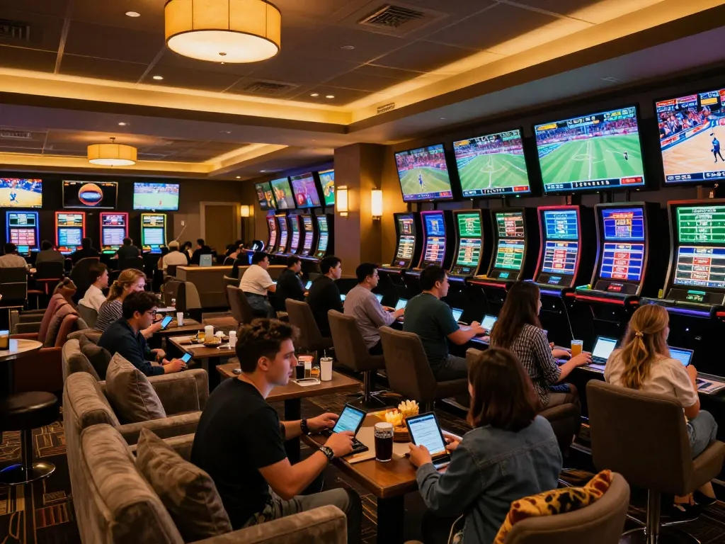 Active sports betting lounge showcasing tỷ lệ kèo trực tuyến, patrons engaging with betting apps and live sports.
