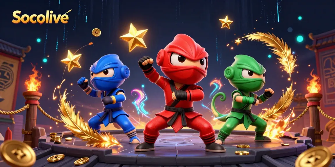 Socolive showcases 3D ninja chameleons in martial arts, surrounded by gambling elements.