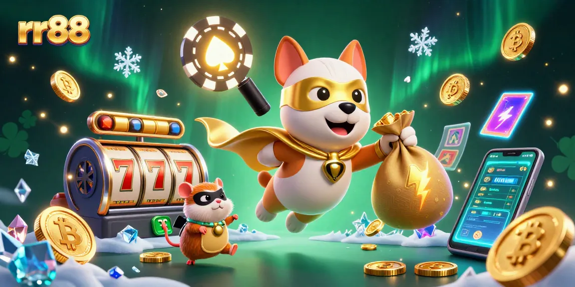 Engage in thrilling gameplay at rr88 with a superhero dog and hamster amidst shining slot reels.
