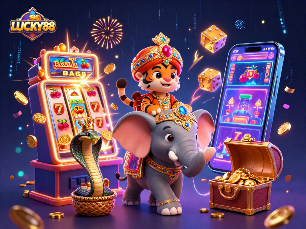 Engage in thrilling gameplay with LUCKY88, featuring a vibrant 3D casino scene full of excitement.