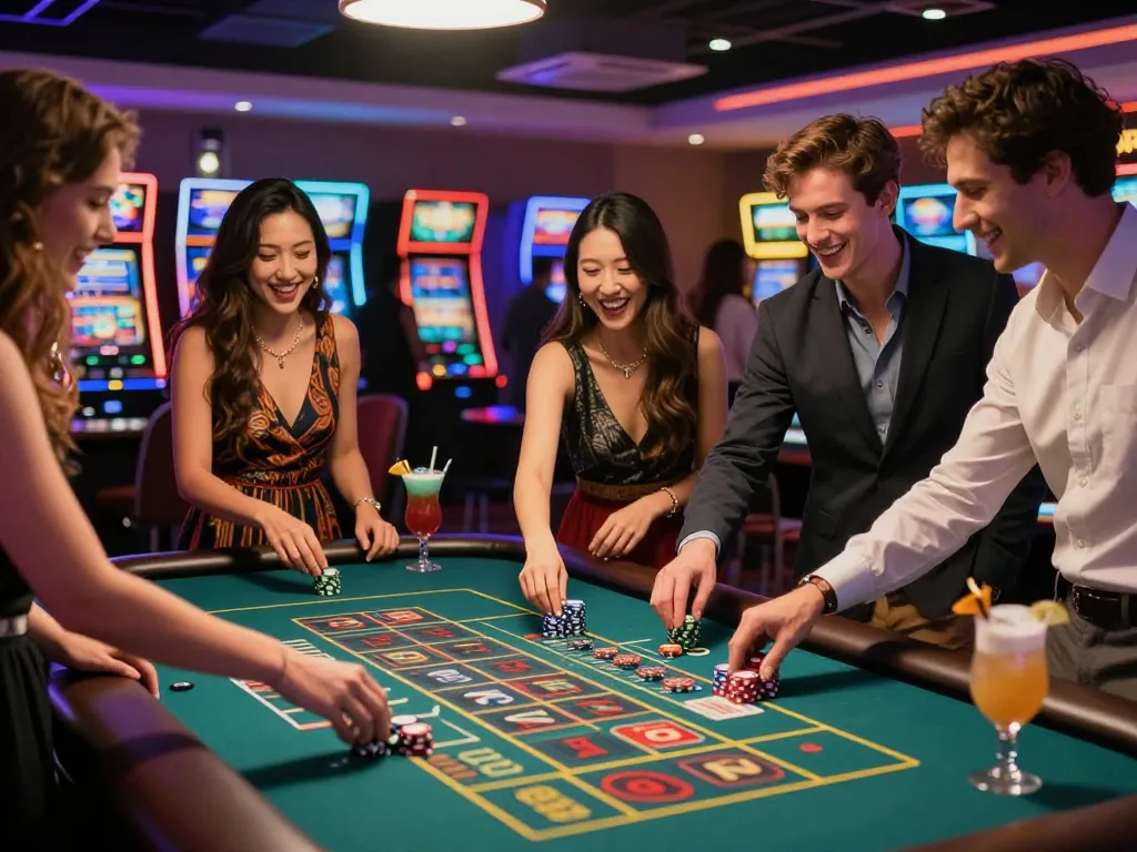 Friends enjoying a lively casino game at https://nohu78.de.com with vibrant decor and excitement.