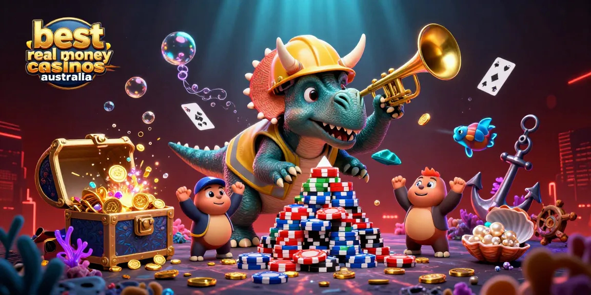 Best real money casinos Australia illustrated with a triceratops building poker chips amidst a vibrant underwater scene.