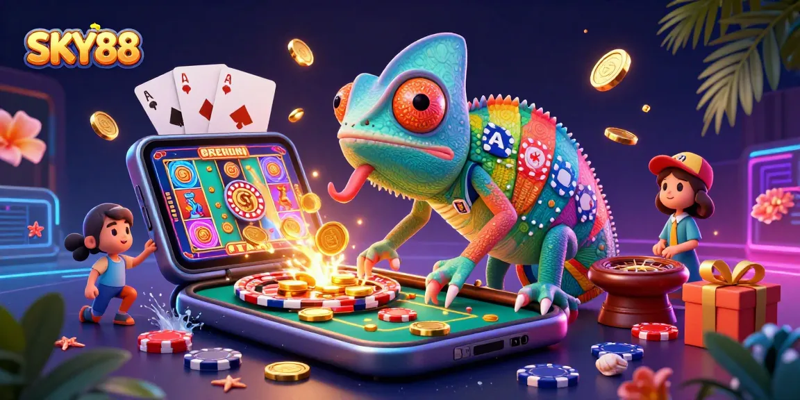 Experience thrilling games at SKY88 featuring a dynamic chameleon owner surrounded by casino elements