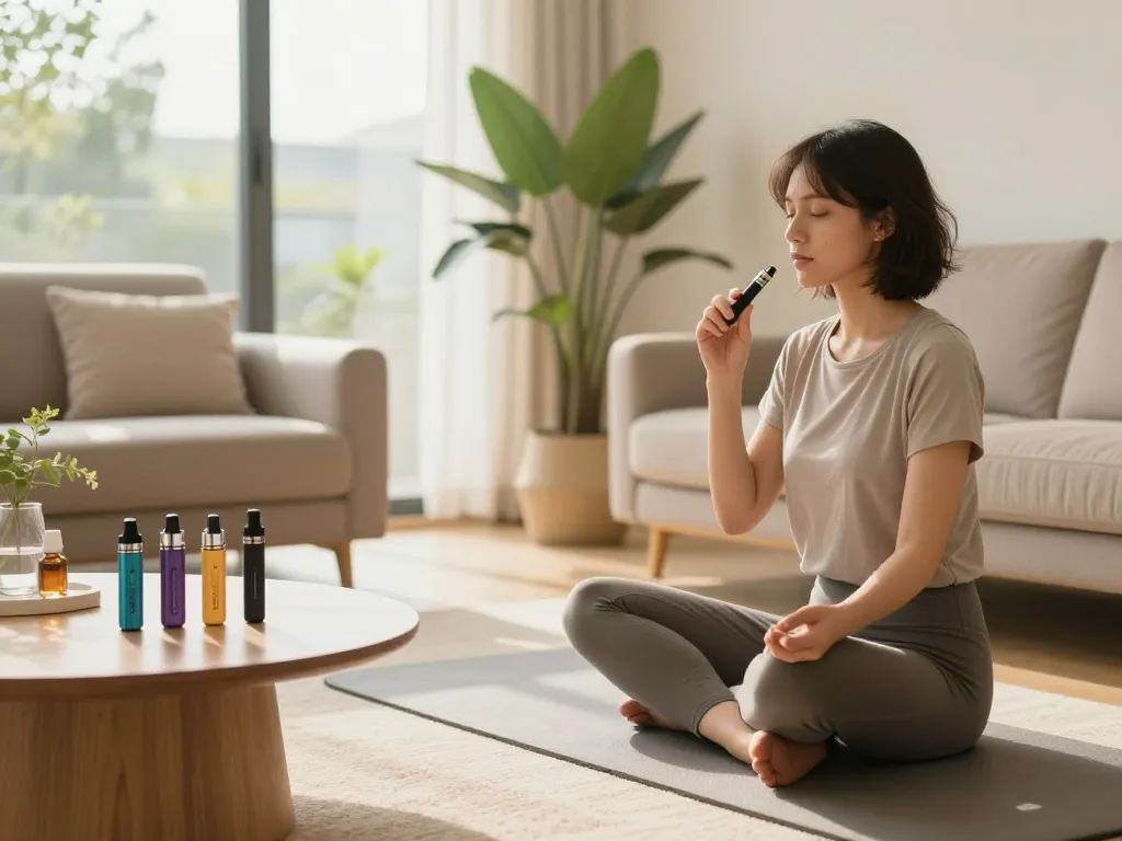 Sigarette elettroniche presentate in una scena serena di stile di vita wellness con elementi erboristici e illuminazione naturale, che promuove il relax e la consapevolezza.