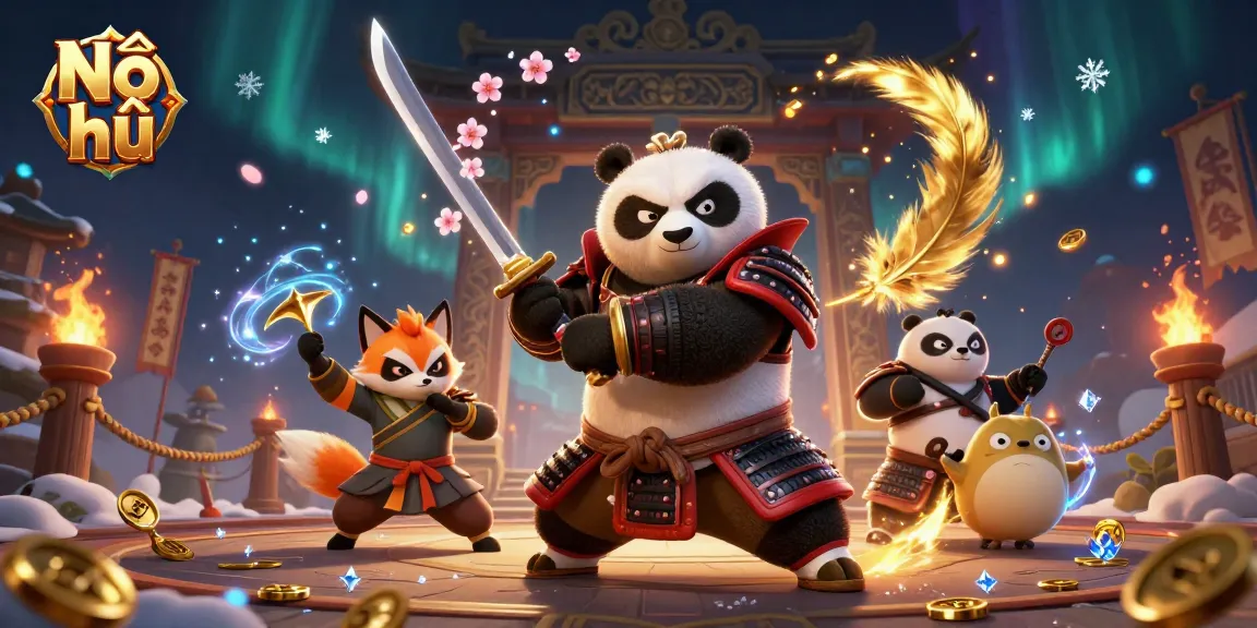 Experience Nổ hũ excitement with dynamic 3D samurai panda and ninja fox at an energetic online casino.