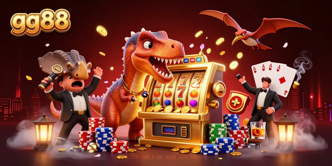 gg88 game experience illustrated with a pachycephalosaurus interacting with a golden slot machine, capturing jackpot coins.