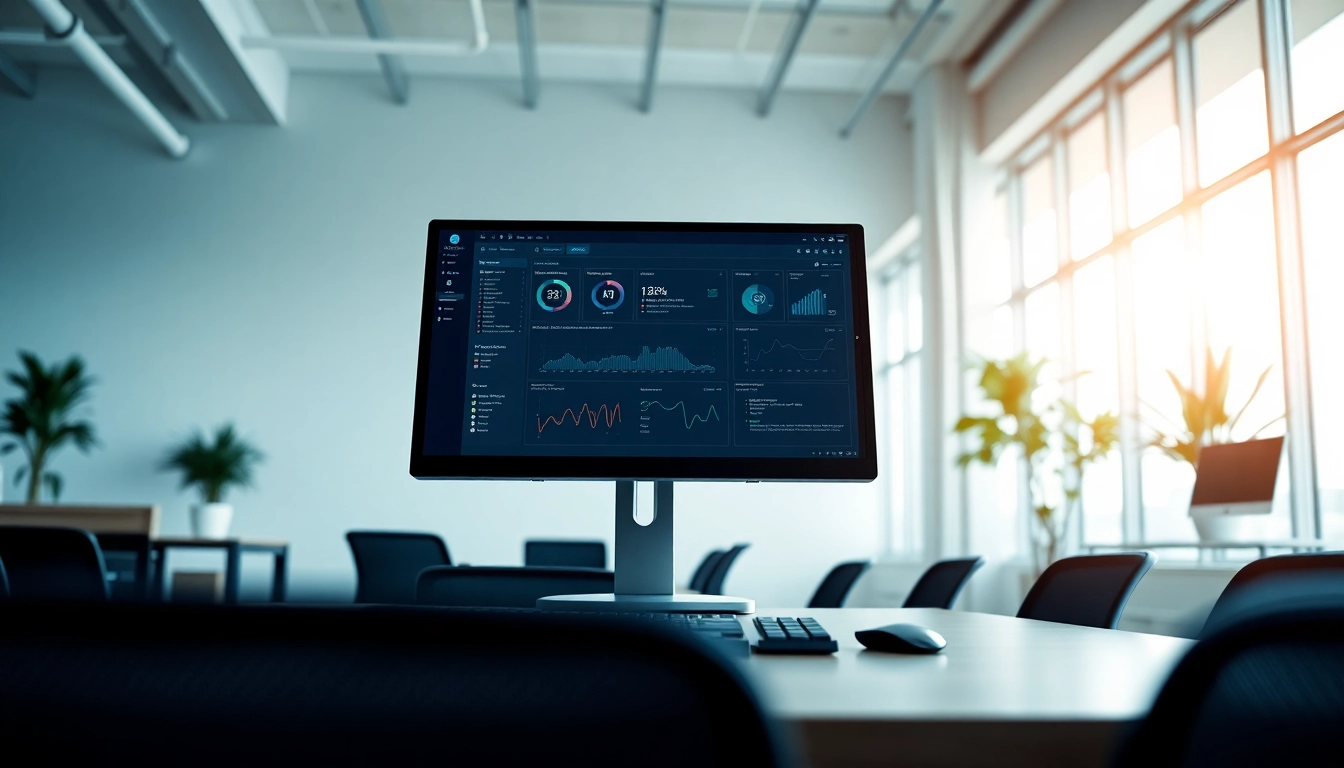 Showcasing AI Software analytics on a sleek desktop interface set in a modern office.