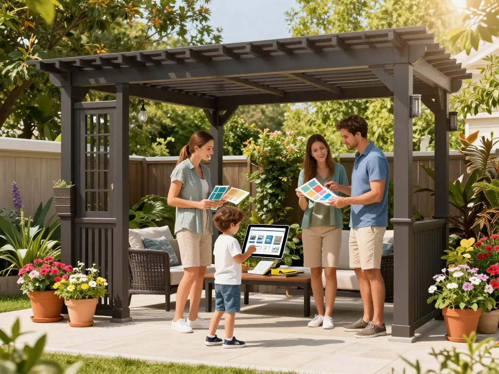 Family interacting with a configuratore 3D pergola outdoors in their vibrant garden setting.