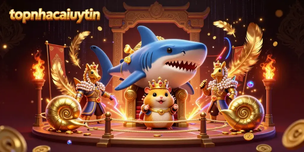 Experience the thrill of topnhacaiuytin with a majestic hamster king in a vibrant casino arena.