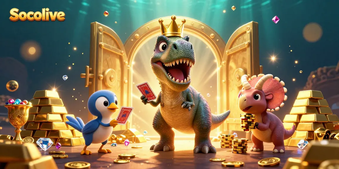 Socolive offers an exciting scene with a friendly dinosaur character engaged in entertaining casino acts, showcasing unique charms of gambling.