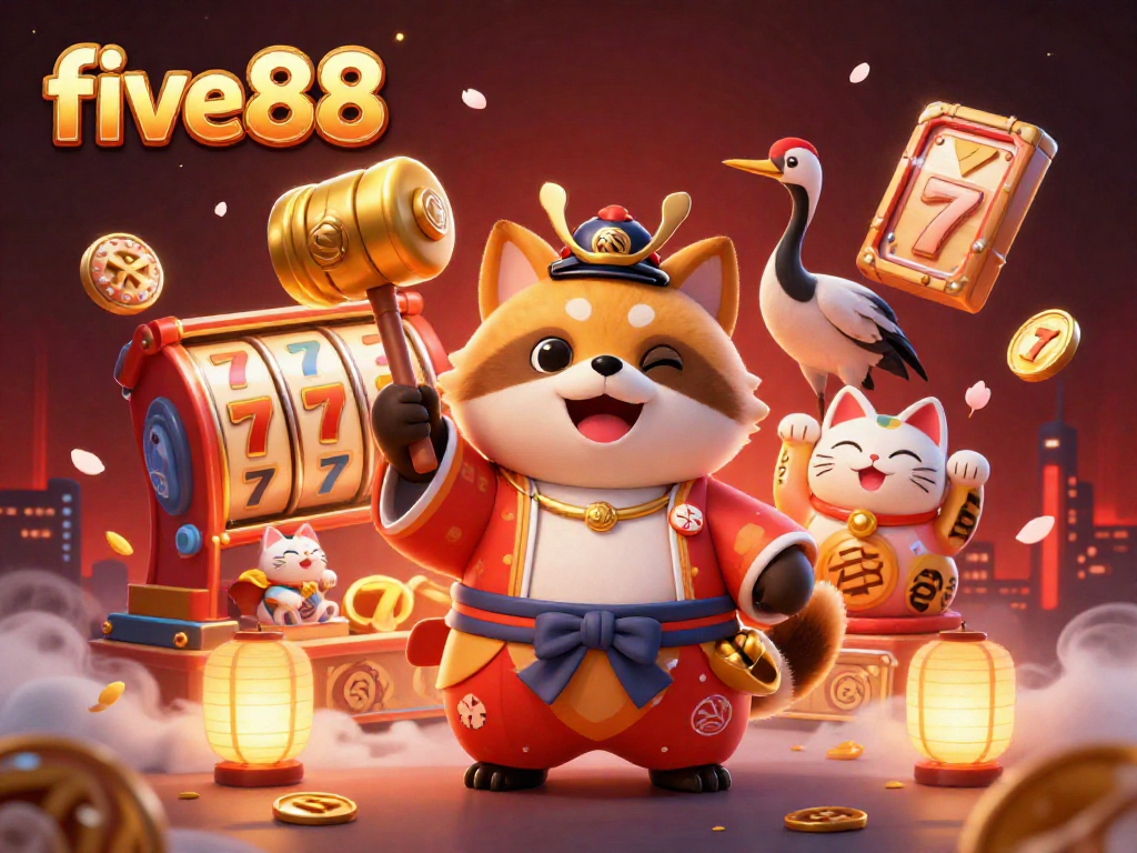 Experience the excitement of five88 with cheerful tanuki and mythical elements in a lively 3D casino illustration.