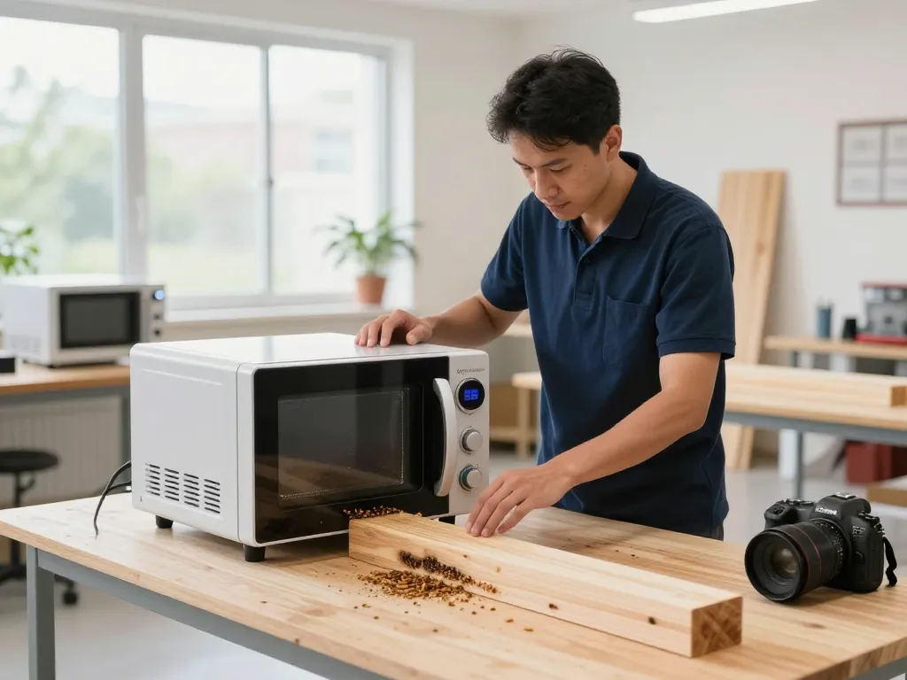 Trattamento dei tarli utilizzando trattamento microonde antitarlo in un innovativo laboratorio di controllo dei parassiti con un tecnico che dimostra il processo.