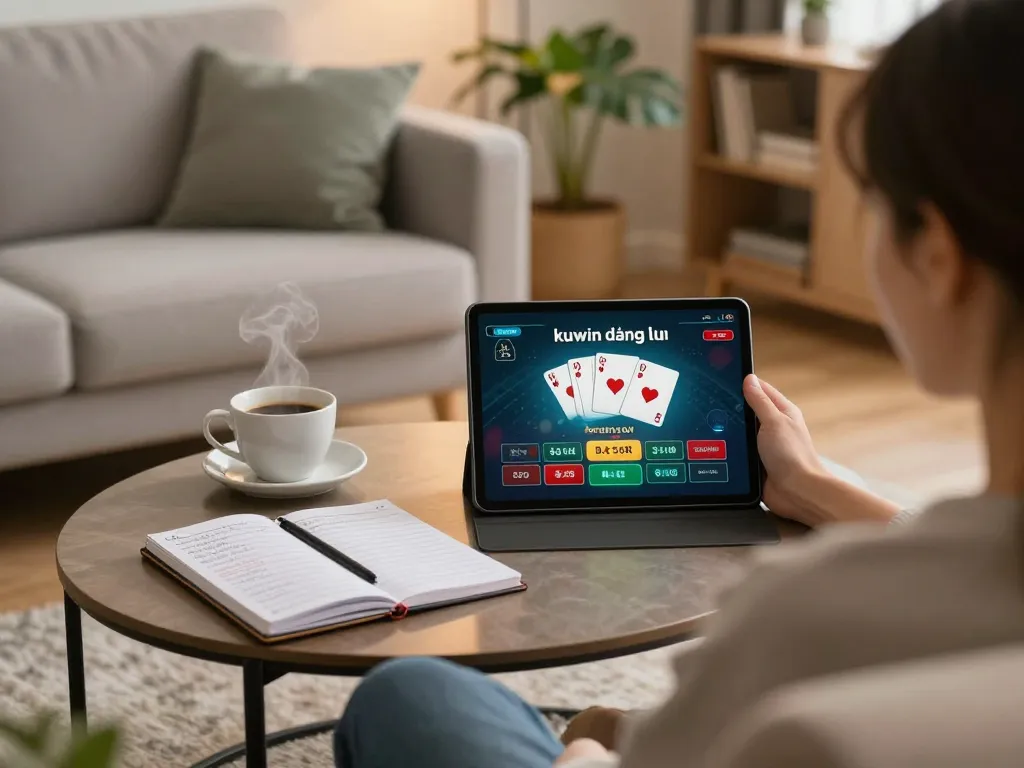 Engaging in kuwin đăng nhập on tablet in a cozy living room, showcasing home gaming atmosphere.