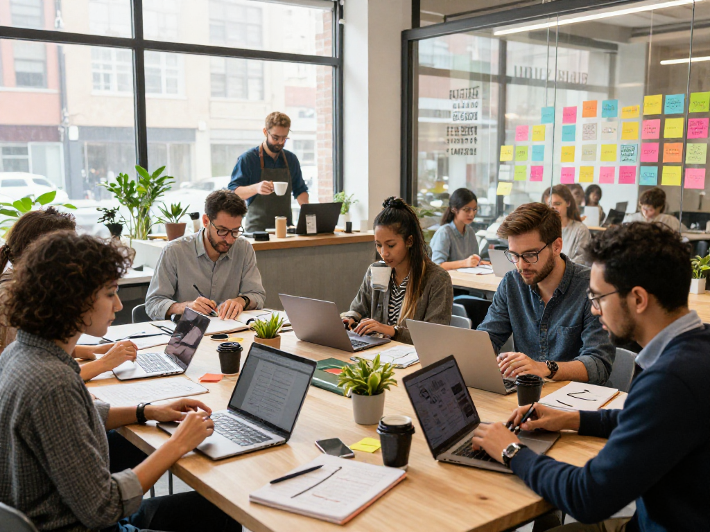 Collaboration in a co-working space depicting hustle culture with diverse entrepreneurs, emphasizing rokok 88 themes.