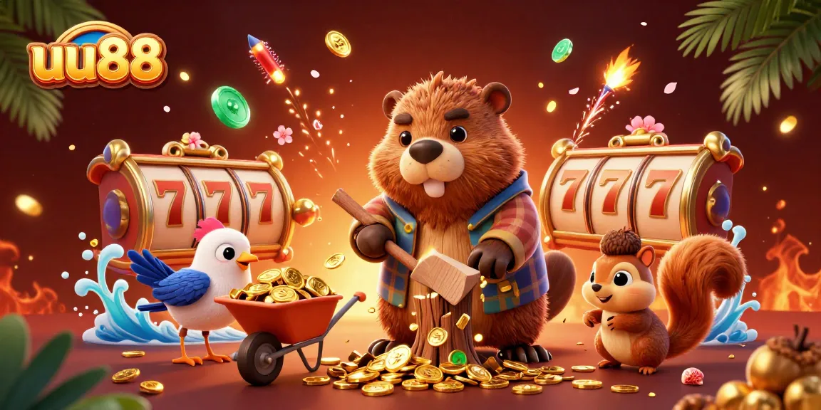 Win exciting prizes with uu88 as a lively 3D cartoon beaver and friends celebrate in a casino.
