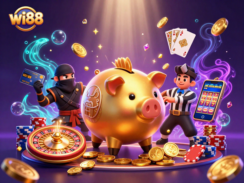Engage at wi88 with thrilling casino action, featuring a golden piggy bank sumo wrestler amidst dynamic gambling elements.