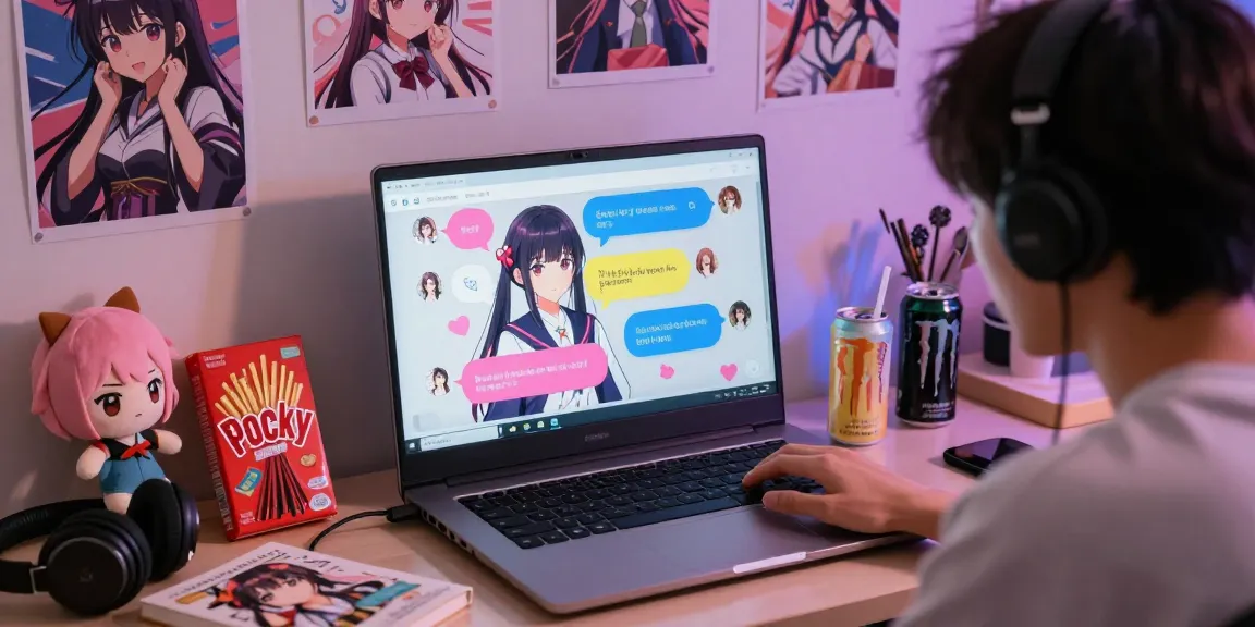Engaging user in lively ai hentai chat with vibrant anime interface in cozy bedroom