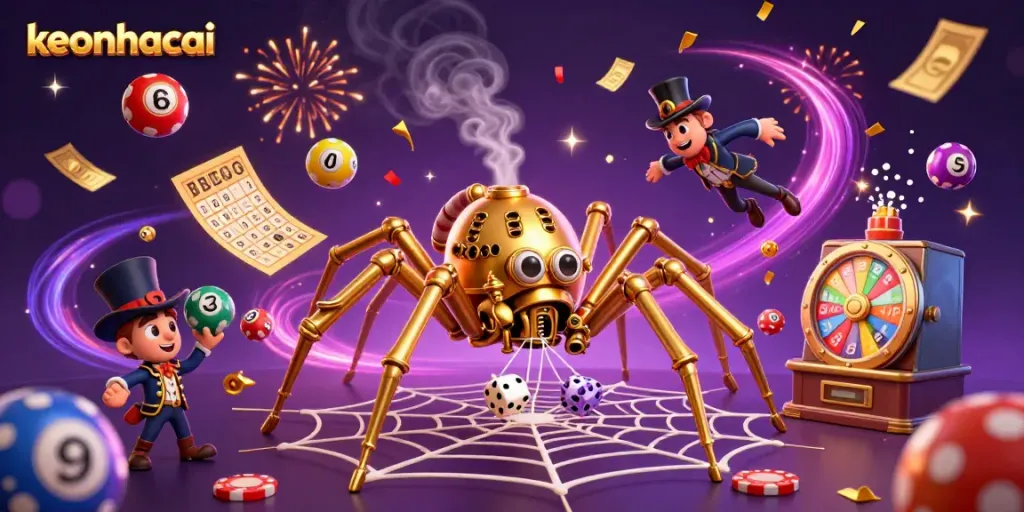 Experience keonhacai's thrilling atmosphere with a colorful 3D illustration of a steampunk spider webbing golden chains, capturing dice and lottery elements.