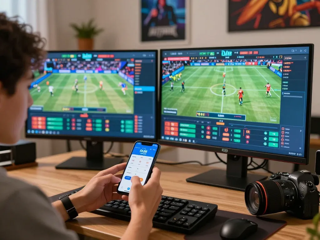 Fly 88 user engaged in online betting, dynamic sports interface visible on multiple screens.