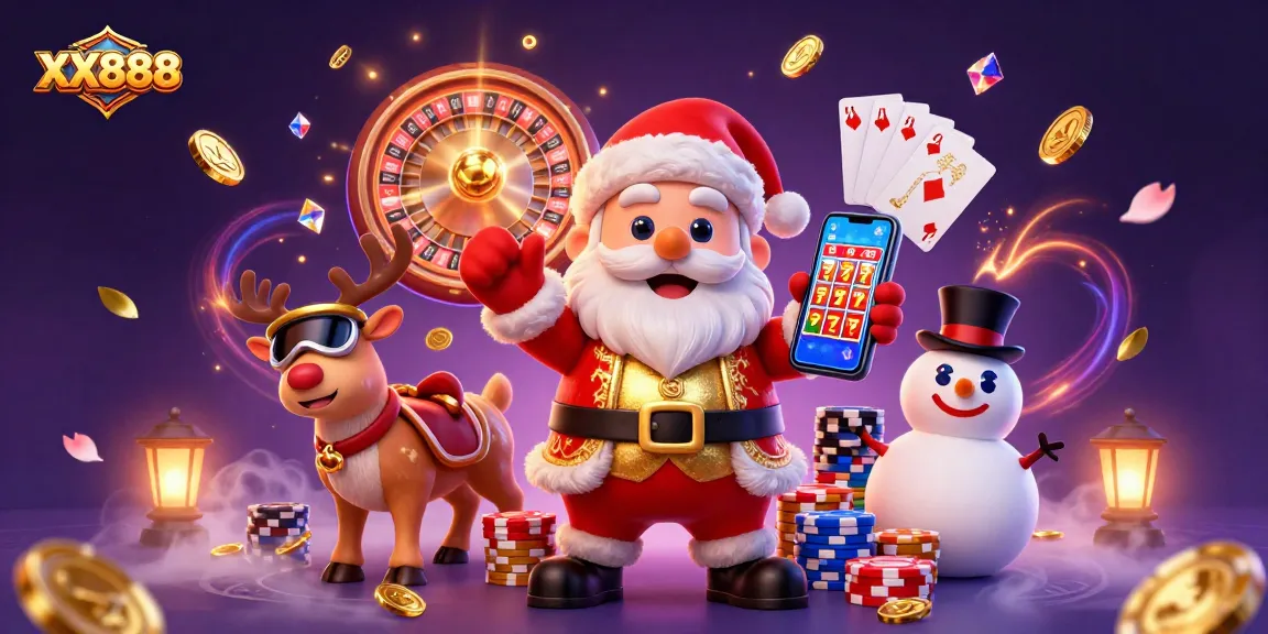 Win big with XX888! Enjoy a vibrant casino scene featuring Santa with jackpot slots.