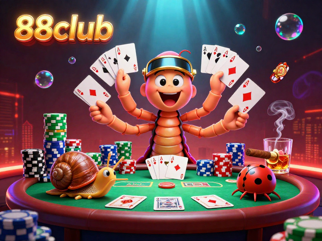 Experience the excitement of 88club with a vibrant poker scene featuring a cartoon millipede dealer and colorful chip stacks.