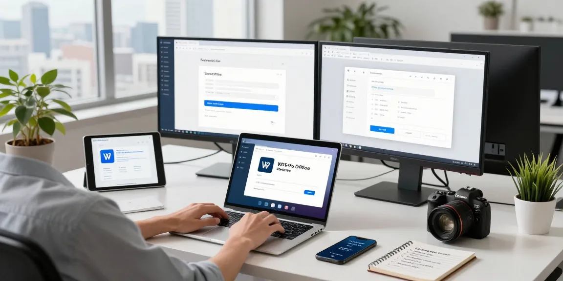 WPS Download in action on a laptop in a modern office environment with productivity gadgets.