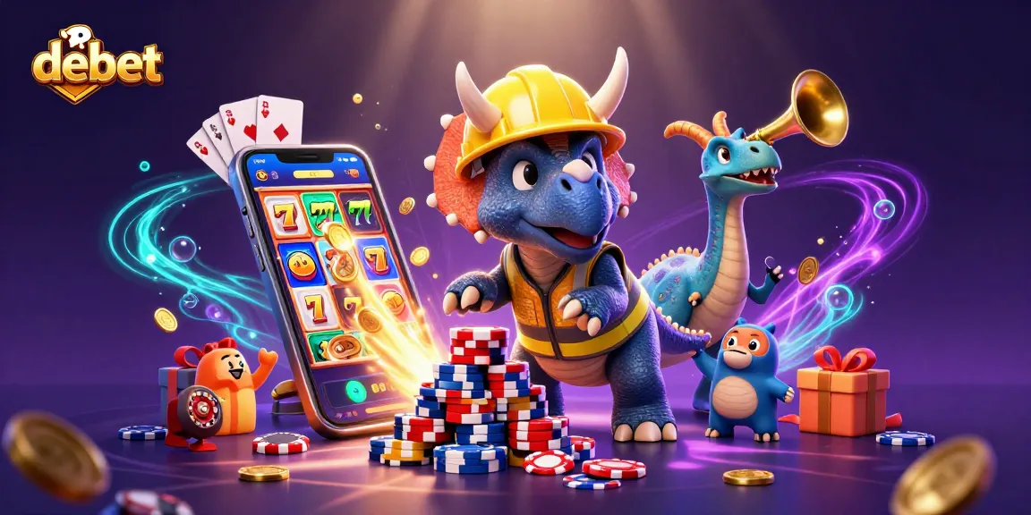 Celebrate wins at debet with triceratops building poker chips surrounded by exciting slot elements.