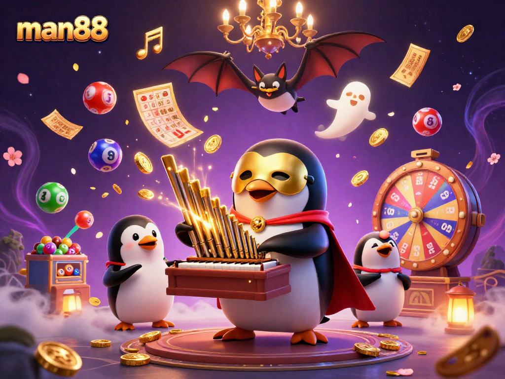 Experience man88's thrilling gameplay with a penguin playing organ and dynamic cash elements