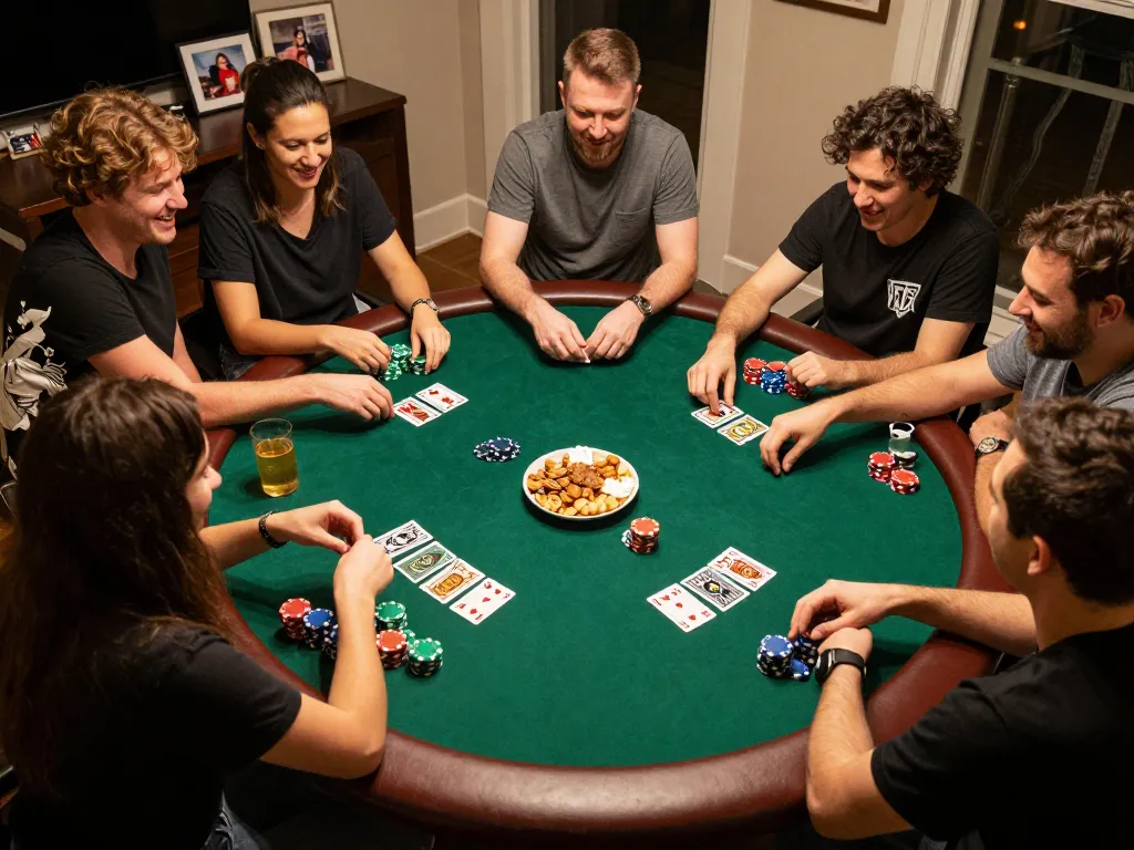 Players engaged in a lively poker game at home, illustrating strategic fun on trang chủ 23win