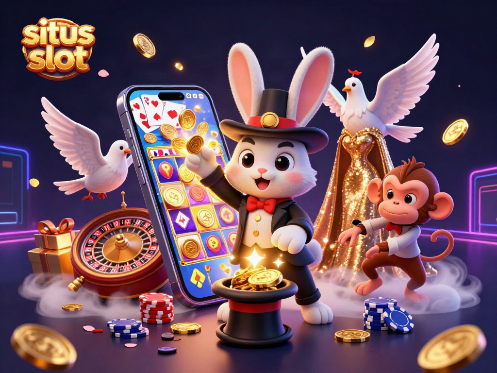 Engage with situs slot adventures, featuring a magician rabbit, a dove, and a pickpocket monkey among dynamic casino elements.