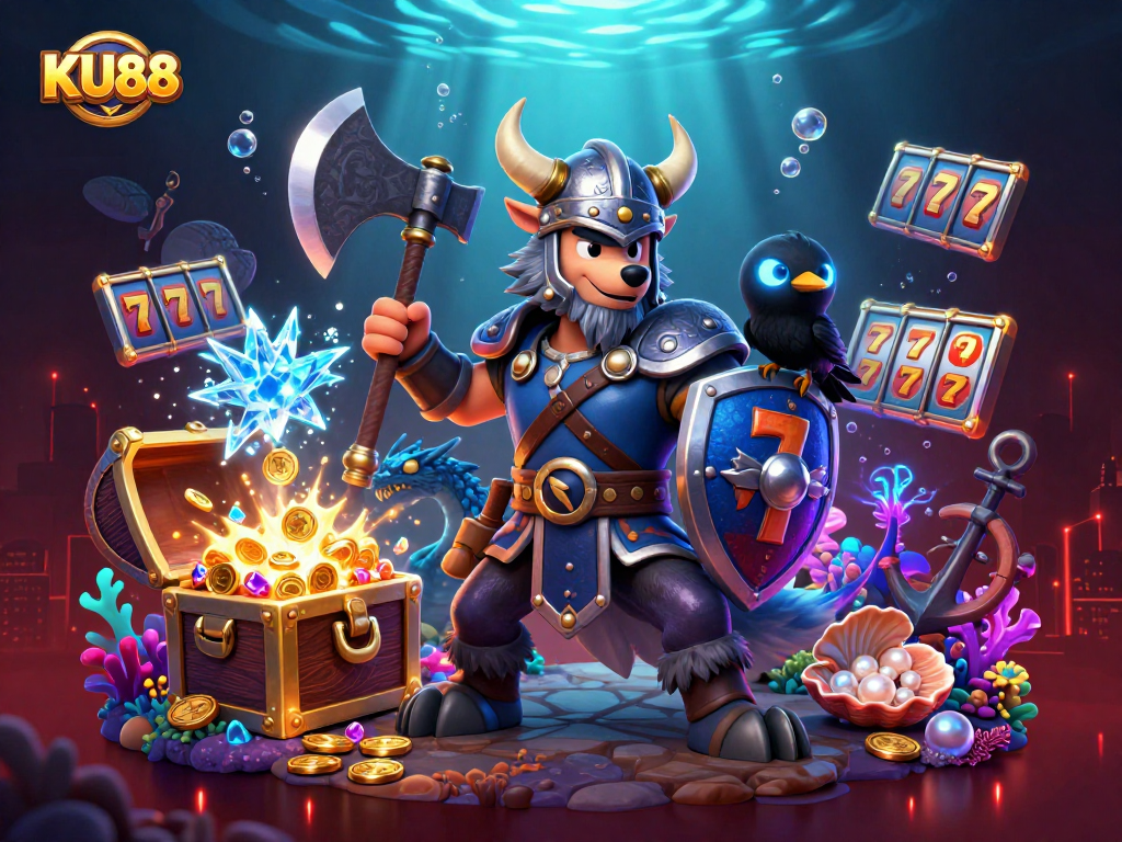 Play slots and win big with KU88 in this vibrant, cartoon-style casino illustration.