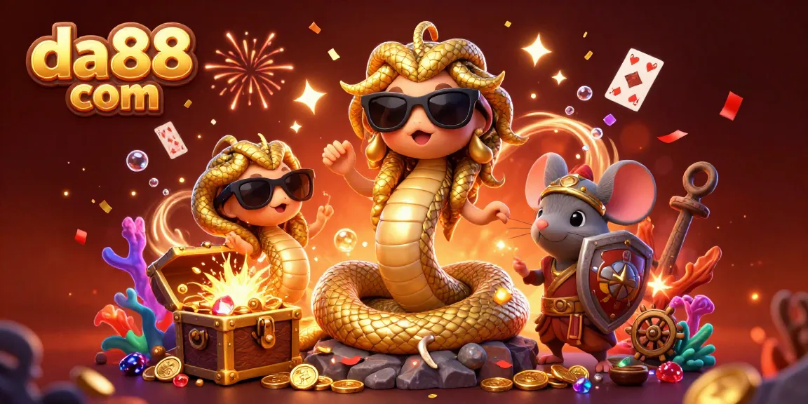 Win at da88 com with vibrant casino-themed illustration featuring friendly Medusa and treasures.
